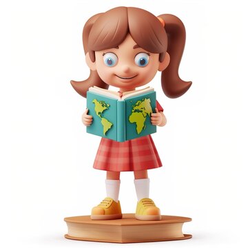 Little girl reading world map book