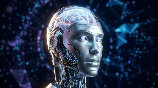 Futuristic cyborg human head with glowing brain and complex digital network background representing artificial intelligence