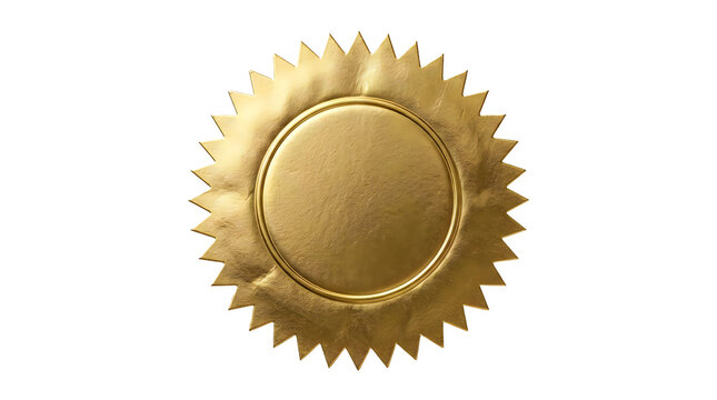 Shiny gold embossed award seal ribbon badge with serrated edges isolated on transparent background for corporate business document certificate authenticity.