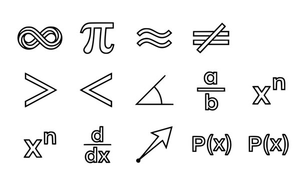 Mathematical Equation and Science Symbol Line Icon Set Featuring Infinity Pi Fraction Derivative Exponent Angle and Geometry Education Signs