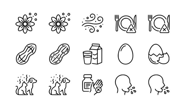 Food Allergy Triggers and Intolerance Symptoms Line Icon Set Featuring Pollen Peanut Milk Egg Pet Dander Medicine and Coughing Symbols