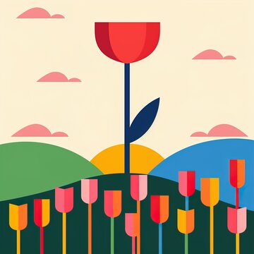 Colorful tulip flower field landscape illustration