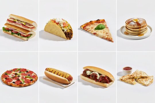 Collage of popular american fast food items including sandwiches pizza tacos and pancakes