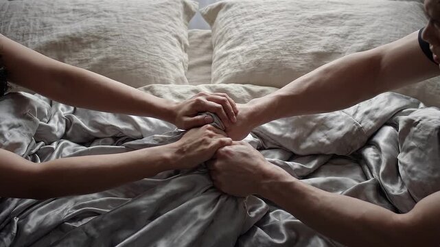 Two pairs of adult hands fiercely gripping a crumpled white silk sheet between them from a direct top down bird's eye view, with knuckles turning white under soft diffused grey morning light