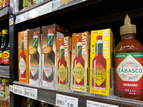 PENANG, MALAYSIA - MAY 25, 2026: Tabasco hot sauce products displayed on supermarket retail shelf.