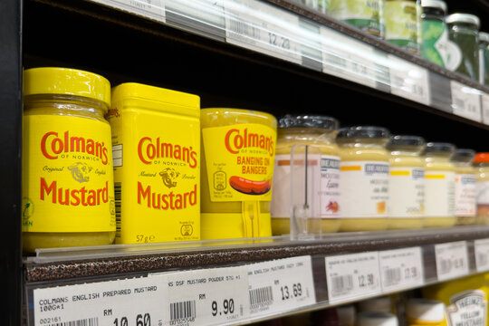 PENANG, MALAYSIA - MAY 25, 2026: Colman's mustard products displayed on supermarket retail shelf.