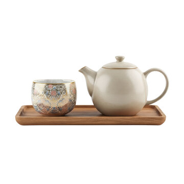 Tea set on wooden tray.