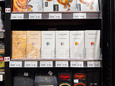 PENANG, MALAYSIA - MAY 25, 2026: Carraro coffee capsules displayed on supermarket retail shelf.