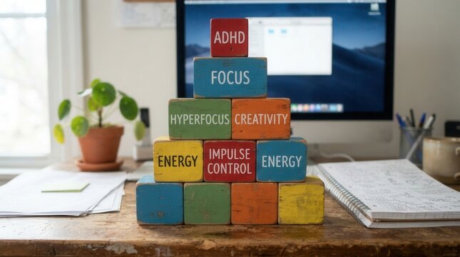 Colorful ADHD Blocks Arranged in Pyramid Shape with attention deficit hyperactivity disorder traits and characteristics