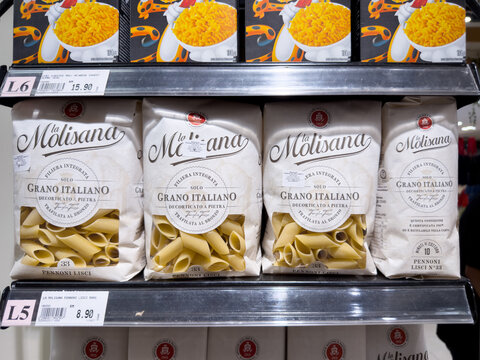 PENANG, MALAYSIA - MAY 25, 2026: La Molisana Italian pasta packages displayed on supermarket grocery shelf.