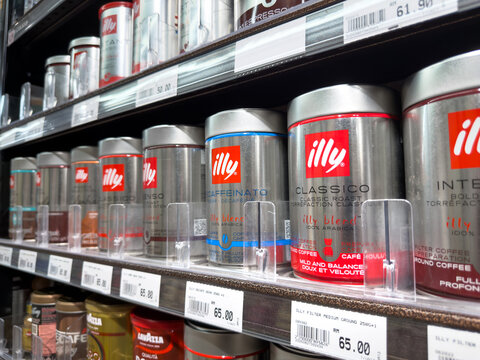 PENANG, MALAYSIA - MAY 25, 2026: Illy coffee cans displayed on supermarket retail shelf.