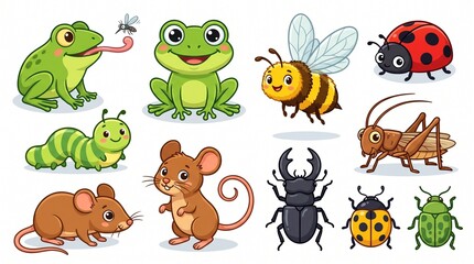 Obraz premium Cute cartoon set featuring friendly frogs, mice, a caterpillar, bee, ladybugs, grasshopper, and beetles isolated on a clean white background.