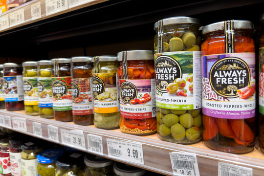 PENANG, MALAYSIA - JUL 06, 2026: Always Fresh pickled vegetables and olives displayed on supermarket retail shelf.