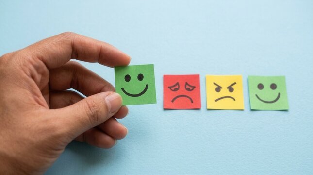 Colorful Hand Holding Smiley Paper with Emotion Cutouts Customer satisfaction feedback happy neutral