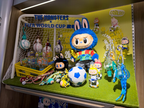 PENANG, MALAYSIA - JUL 21, 2026: The Monsters FIFA World Cup 2026 themed Labubu collectible display inside Pop Mart store.