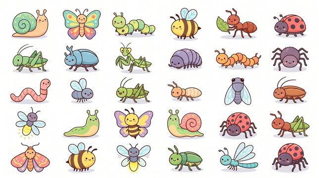 A colorful collection of cute cartoon insects and garden bugs featuring friendly smiling faces, perfect for children's educational materials and design.