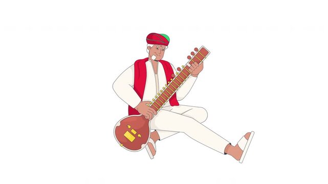 Elderly Indian musician playing sitar while seated 2D character animation. Folk artist. South Asian man in turban with string instrument animated person cartoon 4K video isolated on transparent