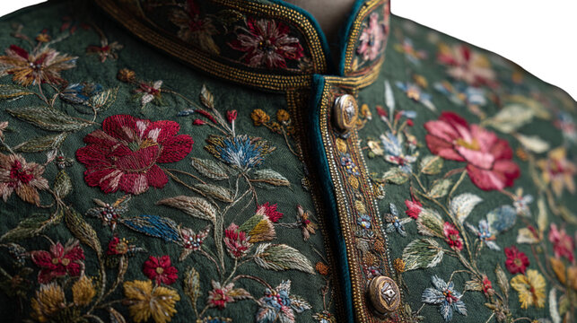 Detailed embroidered jacket showcasing intricate floral patterns and ornate gold buttons, isolated on transparent backdrop, ideal for textile design and fashion concept art