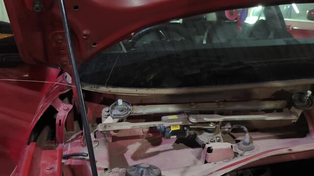Mechanic removes damaged front windshield from car at automotive repair garage. Footage shows windshield replacement and auto glass repair process, highlighting vehicle maintenance