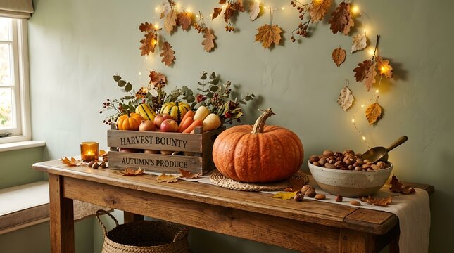 Autumn harvest wooden table display with pumpkin, gourds, and rustic decor for seasonal home styling