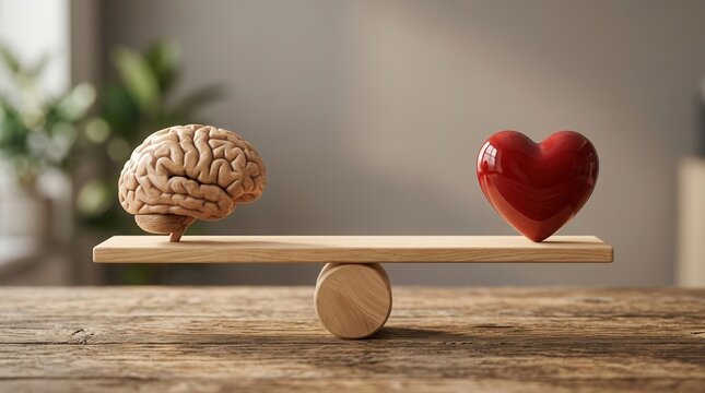 Concept of emotional intelligence and business leadership with a brain and heart on a wooden scale.