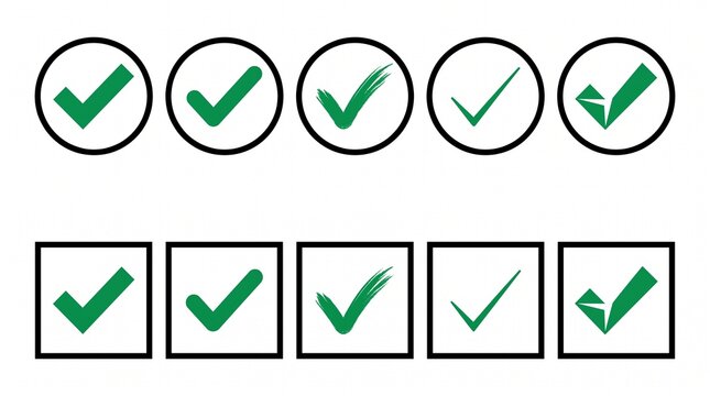 Collection of various green check mark icons in circles and squares