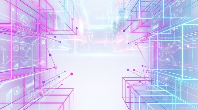 Abstract Clean White Virtual Reality and Spatial Computing Metaverse Background Template with Glowing Line Grid and Copy Space