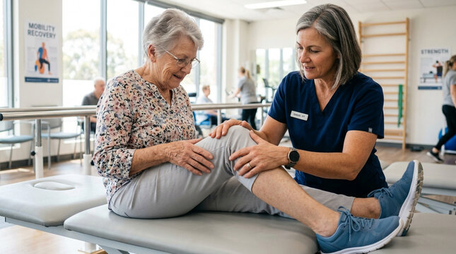 Senior woman undergoing physical therapy for knee pain with female therapist