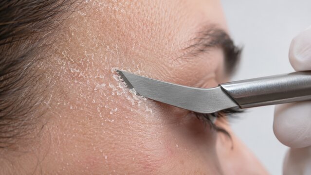 Close-up of facial skin exfoliation with a metallic dermaplaning tool by a gloved hand on cheek area
