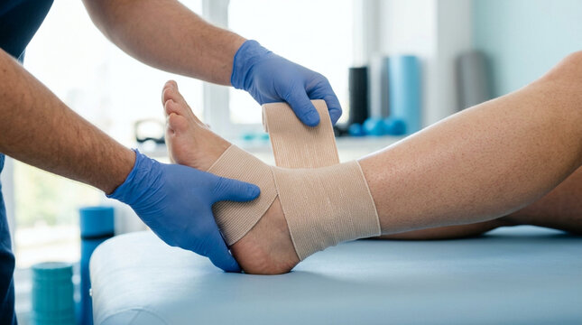 Therapist applying compression bandage to injured ankle, physical rehabilitation and support