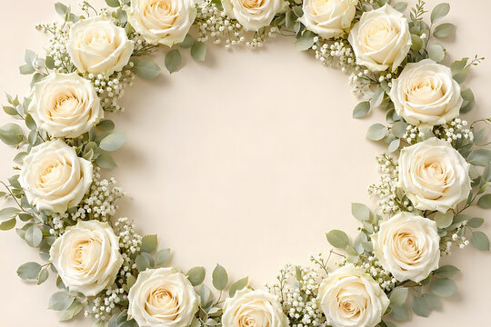 Top view of white roses, small white flowers, and soft green foliage arranged in a circular wreath frame on a light beige background for design