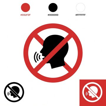 A red prohibition sign featuring a black head silhouette speaking, symbolising a keep silent zone, with colour swatches and variation icons included on a clean white background.