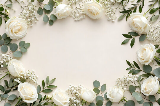 Top view of elegant white roses and baby's breath flowers arranged around the edge of a cream background