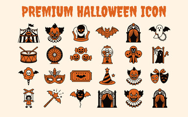 Fototapeta premium Halloween Circus and Carnival Icon Set with Creepy Clown, Carnival Tent, Bat, Ghost, Masks, Ferris Wheel, Candy, Magic Wand and Haunted Gate