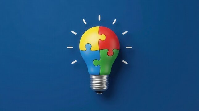 Creative problem solving concept with a multi-colored jigsaw puzzle lightbulb.