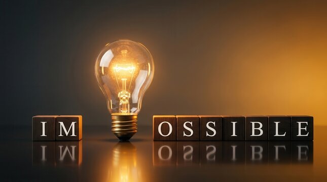 Creative solutions and transformation shown by a lightbulb breaking the text impossible into pieces.