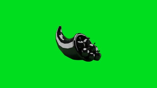 A sleek black cornucopia overflowing with glossy dark fruit against green