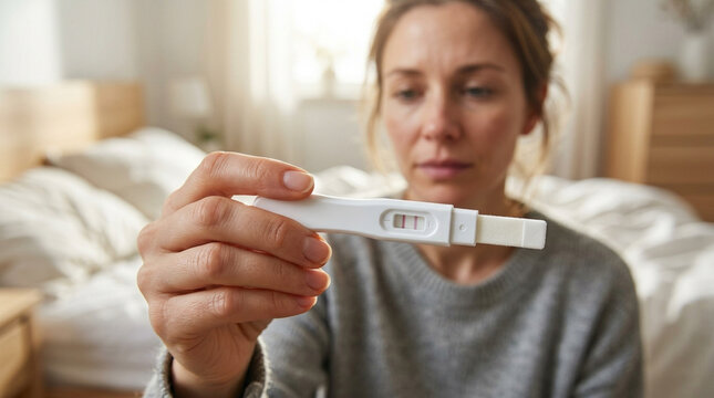 Woman anxiously checking pregnancy test results at home