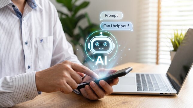 Man using smartphone with ai chatbot interface on screen with desk holding smartphone sitting desk communication conversation technology with assistant