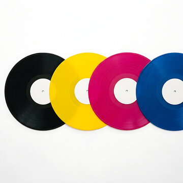 Colorful vinyl records in black yellow pink and blue overlapping on a white background for music mockups.