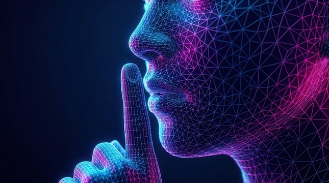Cybernetic human profile in neon light with a finger gesturing silence.