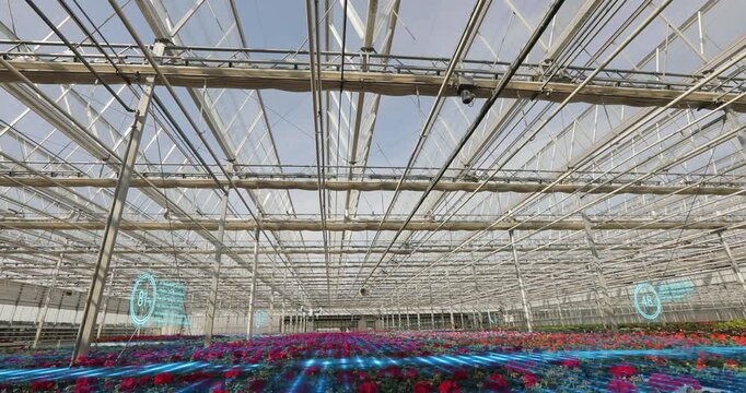Smart Greenhouse with AI Drones for Automated Plant Production. Autonomous Drones Working in Modern Smart Greenhouse.