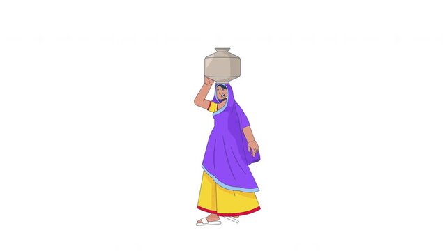 Rural Indian woman carrying clay water pot on head 2D character animation. Village life. Daily routine. South Asian female with bindi animated person cartoon 4K video on transparent background