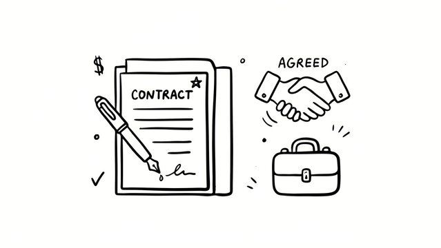 Minimalist contract documents editable icons. Business deal and handshake agreement symbol. Pen signing document vector illustration. Corporate job offer illustration set.