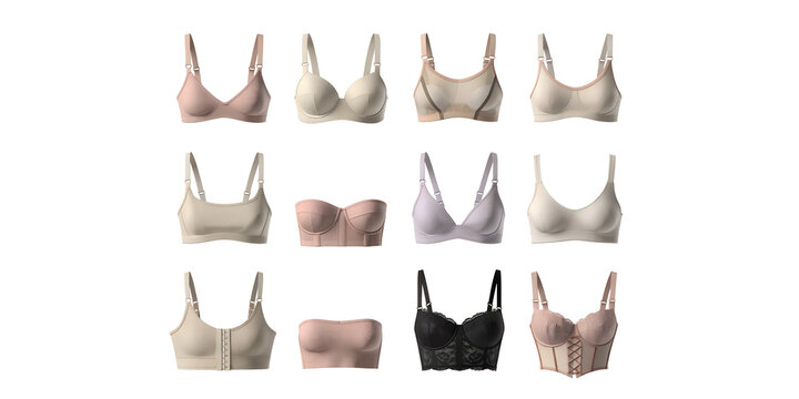 3D Render Bra Design Icon Set Collection, Fashion Garment Asset Logo Illustration Reference With Bralette Sports Bra Push Up And Lace Bra Isolated On A White Background