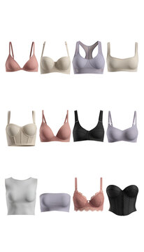 3D Render Bra Design Icon Set Collection, Fashion Garment Asset Logo Illustration Reference With Bralette Sports Bra Push Up And Lace Bra Isolated On A White Background
