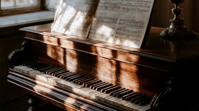 Elegant wooden piano with sheet music illuminated by soft sunlight in a vintage room setting with a nostalgic atmosphere