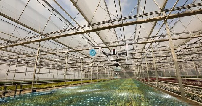A smart greenhouse featuring AI-powered drones for automated plant cultivation. Autonomous aerial drones operating inside a modern smart greenhouse. A smart industry and agriculture.