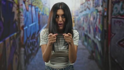 Woman pointing both fingers with bare hands in graffiti street alley, direct gaze and open mouth  playful confidence. © Krakenimages.com