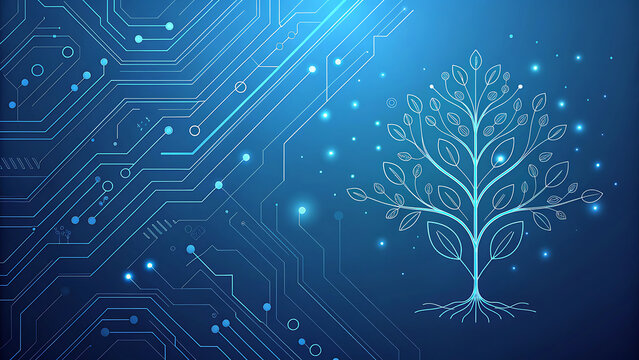 Glowing digital tree data network on circuit background